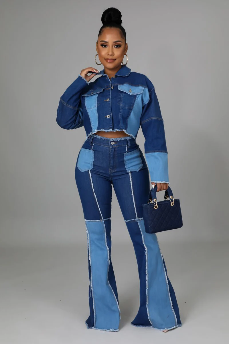 Women's Matching Set Denim Patchwork Vintage Short Jacket and Flare Pant Two Piece Set Outfit Autumn Casual Y2K Fashion Sets