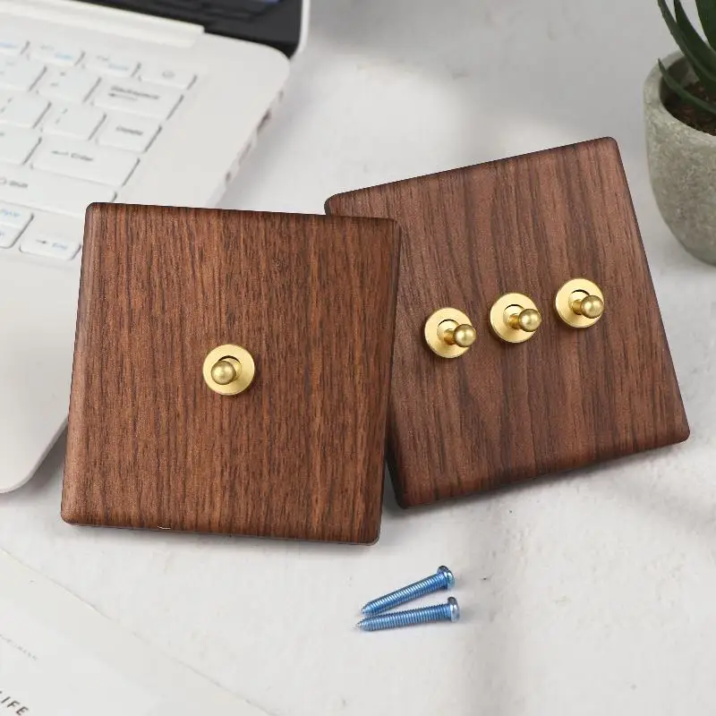 ⭐ Wood Retro British Light Switch Socket Bedside Wall Lamp Switch LED Dimmer Pure Brass Toggle Switch Board - view 2