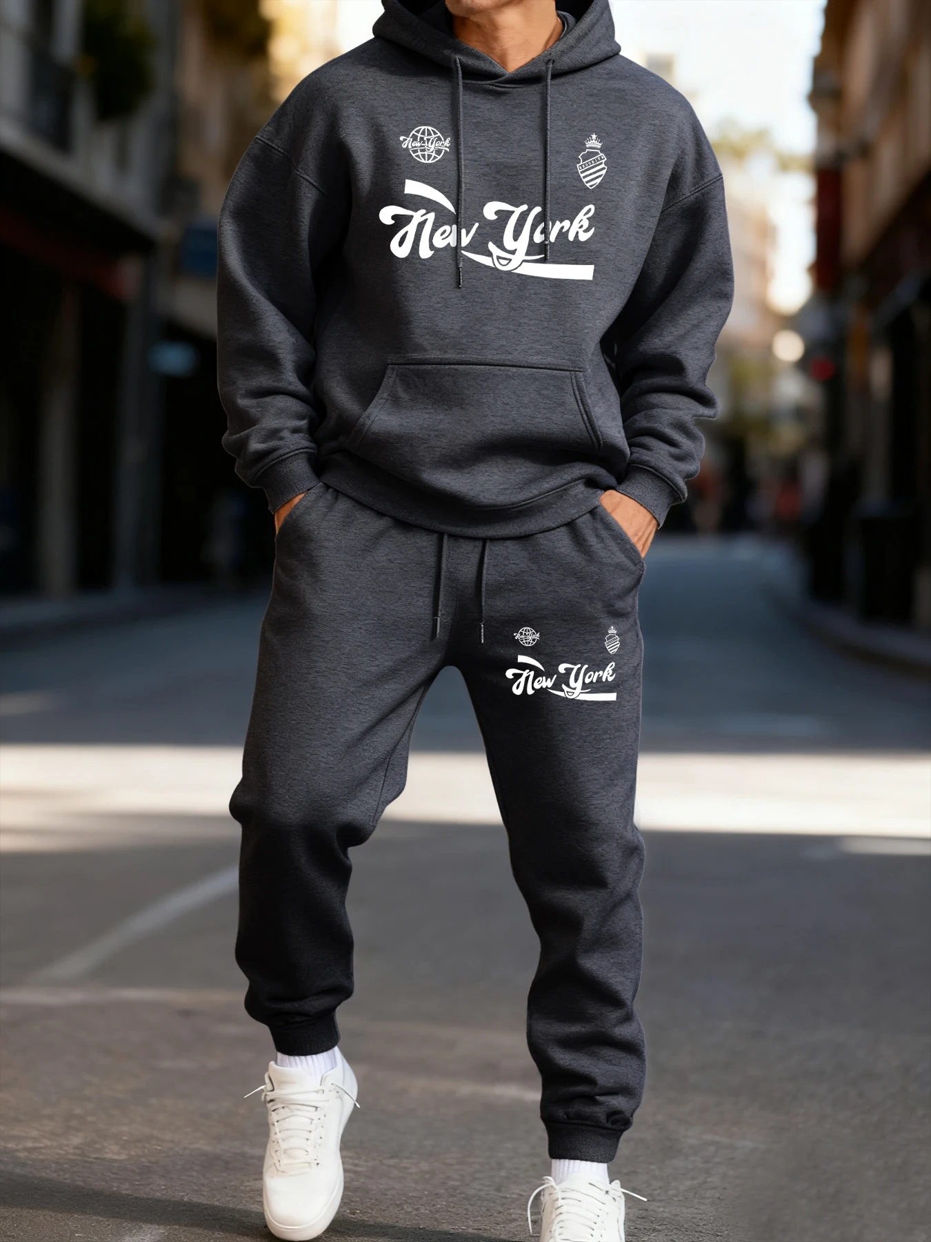 

New York Brooklyn Eye-Catching Print Male Hoodie Set Pocket Fleece Two Pices Sets Autumn Casual Pants Winter Sporty Clothing