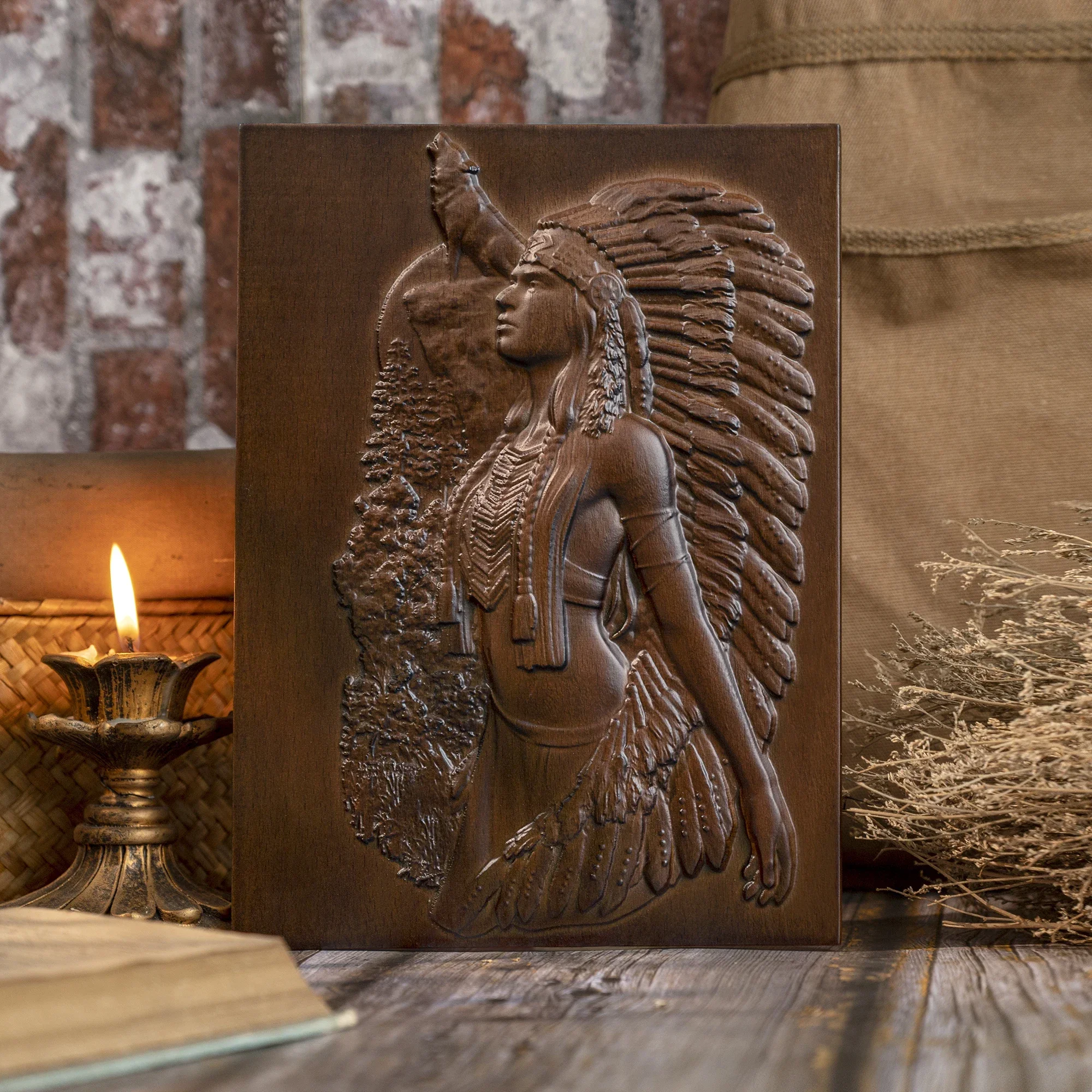Vintage Hand Carved Wall Hanging Decor Woman and Wolf Wood Carving Decor