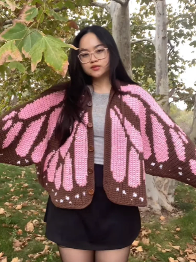 

Butterfly Shaped Knitted Cardigan For Women V Neck Crochet Cape Knit Sweater Long Sleeve Single Breasted Coat 2026 New Spring