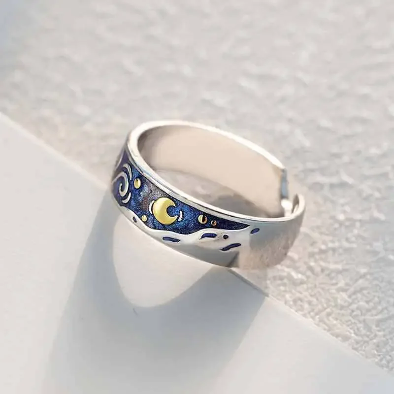 1/2pcs Romantic Van Gogh Starry Sky Rings Lover Couple Personality Openning Finger Ring Men Women Night Star Moon Jewelry Gifts