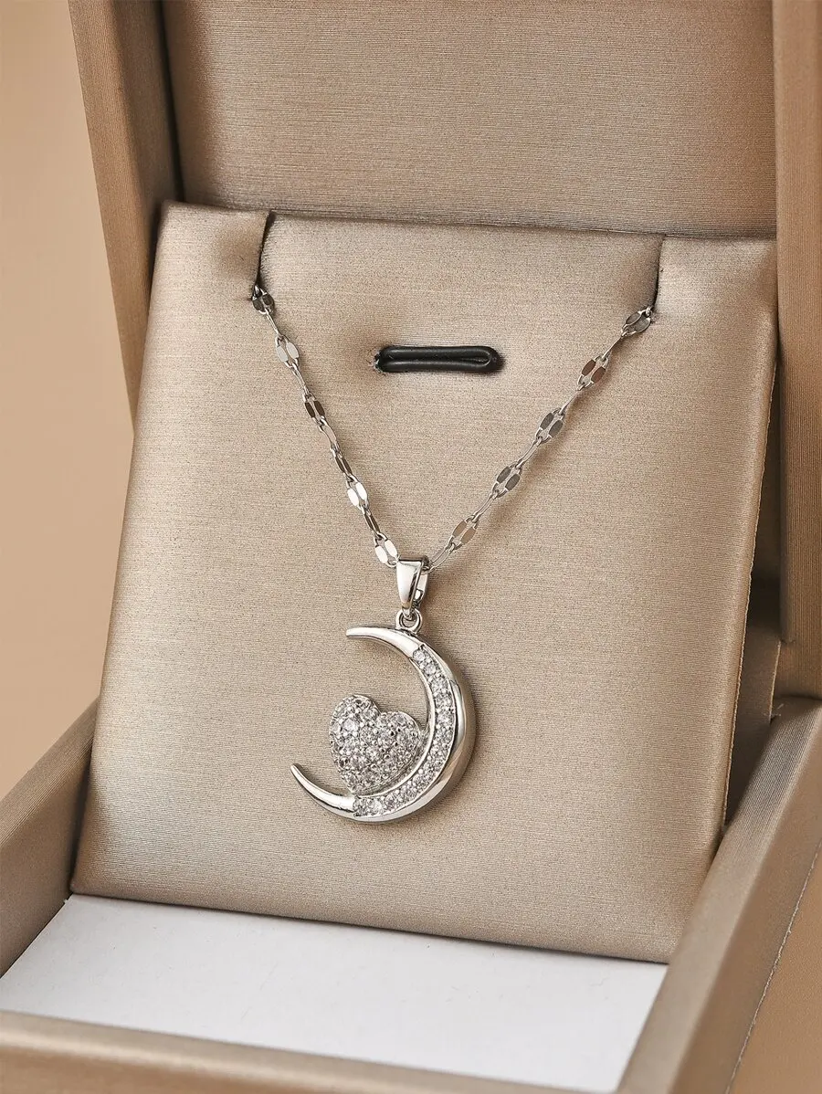 

Rhinestone Moon Heart Pendant Stainless Steel Necklace For Women Gift