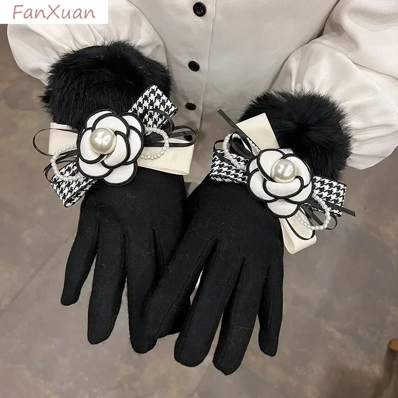 

Luxury Cashmere Gloves for Women Autumn Winter Black Grey Tweed Gloves Rabbit Fur Big Bowknot Flower Touch Screen Gift Female