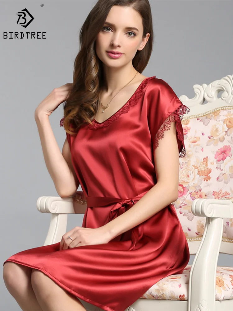 

Birdtree 100%Real Mulberry Silk Sleeping Dress Women Comfortable Fashion Lace Edge Night Gowns Satin Sleeping Dress P36086QM