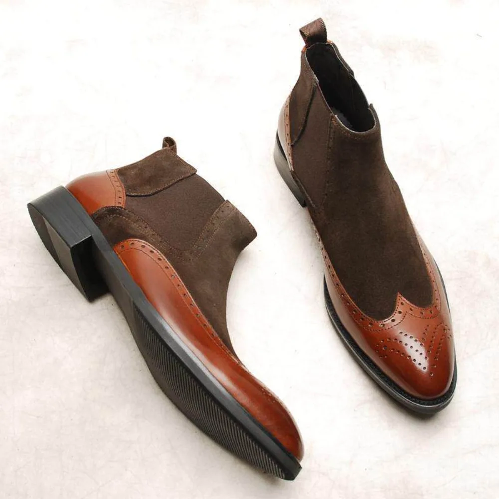 Premium Handmade Mens Brogue Boots Genuine Leather Spliced British Style High Top Casual Ankle Boots Fashion