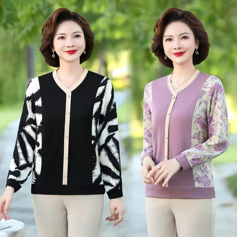 Stylish Middle-Aged And Elderly Fashionable T-Shirt Plus Size Spring Autumn Thin Knitted Top Long Sleeve Base Layer Top