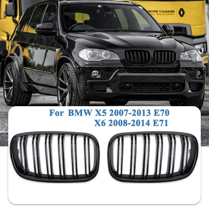Gloss Black Front Kidney Grill Double Slat 2 Line l for BMW X5 2007-2013 E70/X6 2008-2014 E71 Racing grilles