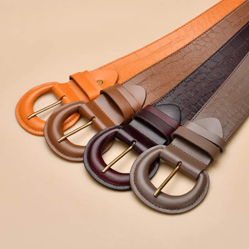 ジーンズやトレンチコートに合うレディーススリムファッションワイドベルトウエストベルトオールマッチ本革ベルト