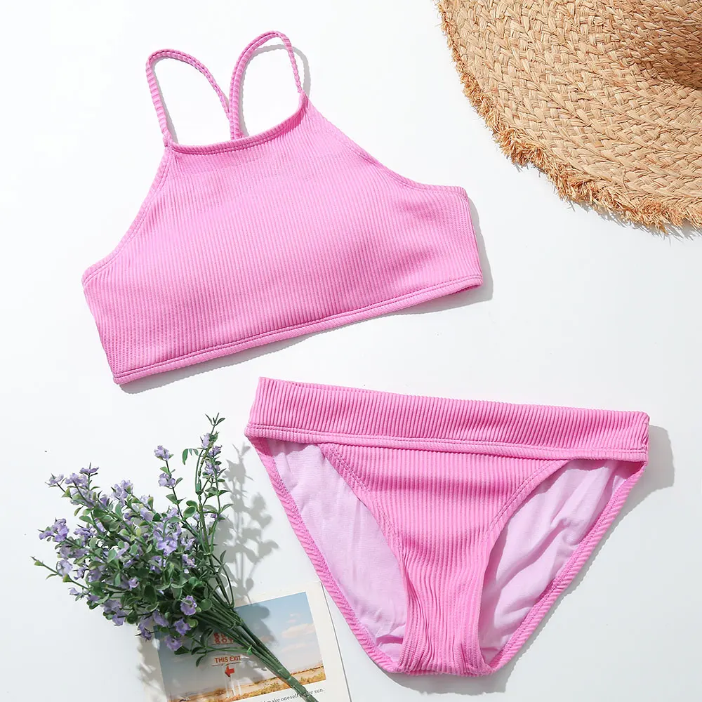 

7-14 Years Plain Ribbed Girl Swimsuit Kids Crop Top Two Piece Children's Swimwear Criss Cross Bikini Set Solid Bathing Suit 2022