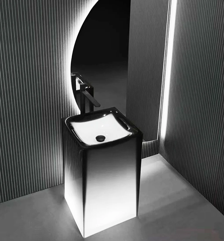 Integrated floor-to-ceiling wash basin, translucent artificial stone resin, face basin with ambient light, luminous