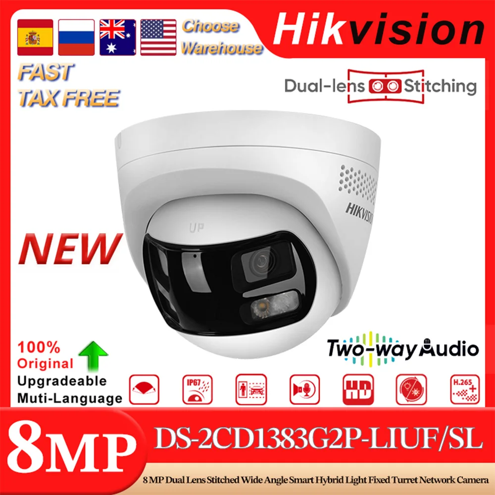 

Hikvision DS-2CD1383G2P-LIUF/SL 8MP Dual Lens Stitched Wide Angle Smart Hybrid Light Fixed Turret IP Camera Active Deterrence