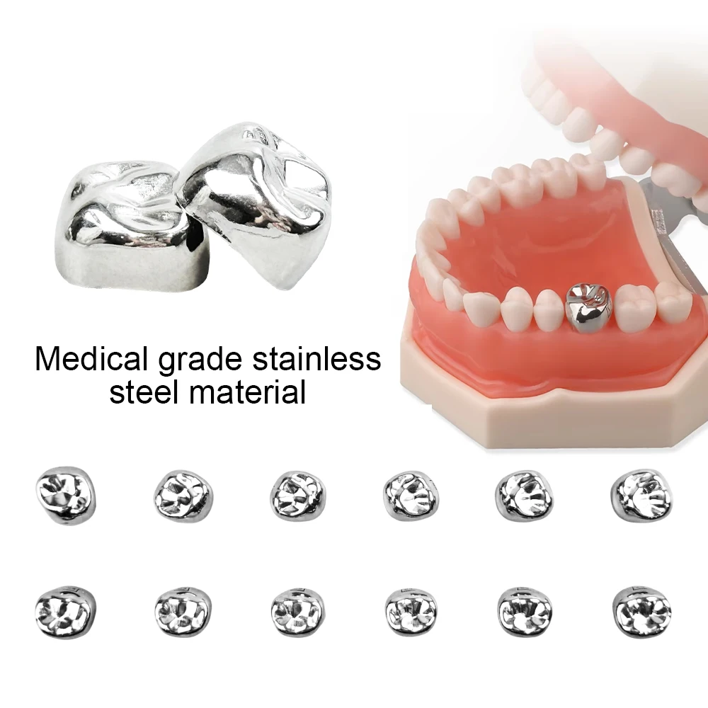 12Pcs/Box Kids Crown Dental Preformed Metal Crowns Kids Primary Molar Teeth Stainless Steel Temporary Crowns Dentist Materials