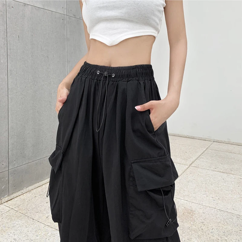 Y2K Women Streetwear Cargo Pants Korean Harajuku Casual Solid Baggy Straight Trousers Fashion Wide Leg Pockets Joggers Trousers
