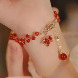 Retro Design Red Crystal Beaded Magnetic Bracelet for Women Charm Maple Leaf Pendant Party Jewelry Friendship Gift Wholesale