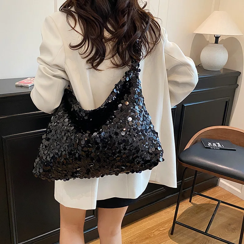 

2025 Summer Glitter Tote Bag for Women Fashion Shoulder Crossbody Purse Large Capacity Shiny Handbag Casual Chic