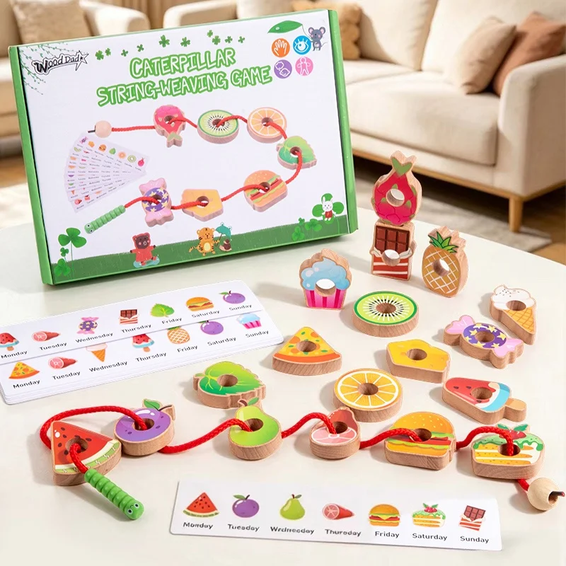 

Wooden Caterpillar Threading Toy, Educational Toys for Kids Stringing Play Game