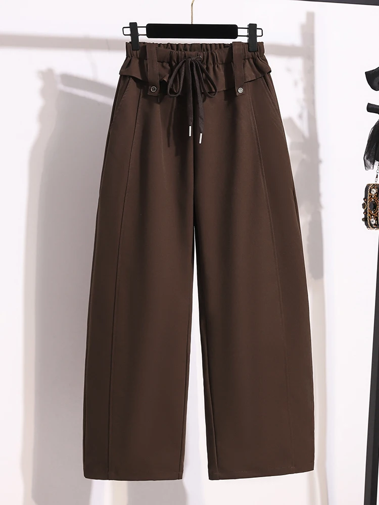 Authentic Fall New plus Size Loose Belted Wide Leg Knife Pants Conceal Belly Women's Long Trousers Casual High Waist Polyeste...