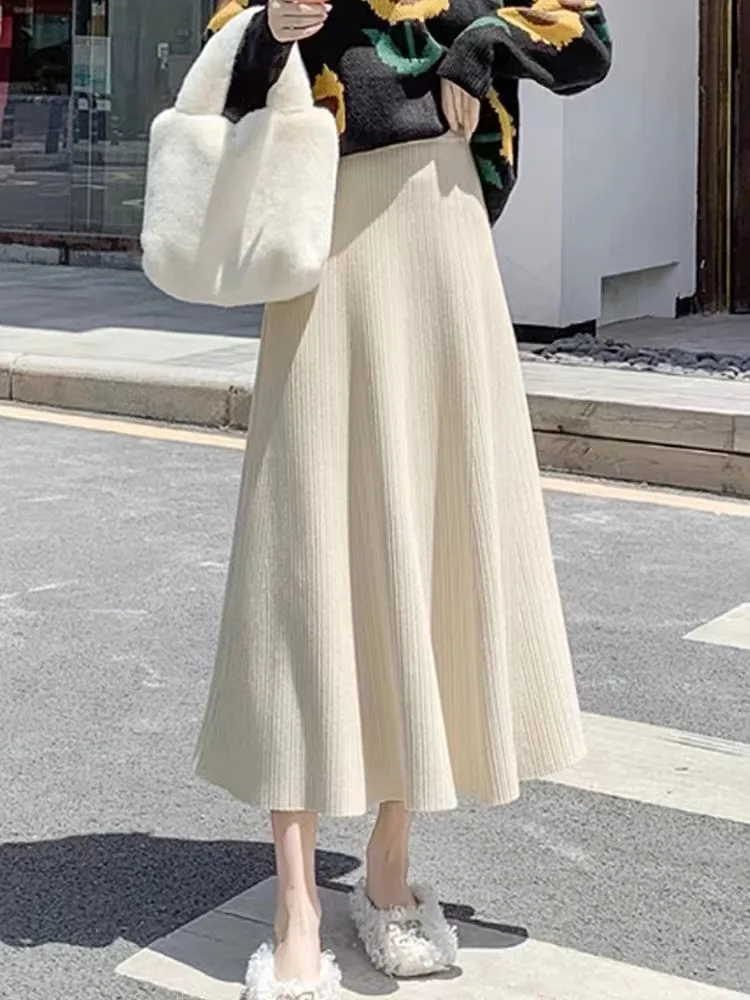 

Half Skirt Women Autumn Winter 2024 New High-Waisted Mid-Long Woolen Long Skirt Thick Knit Skirt