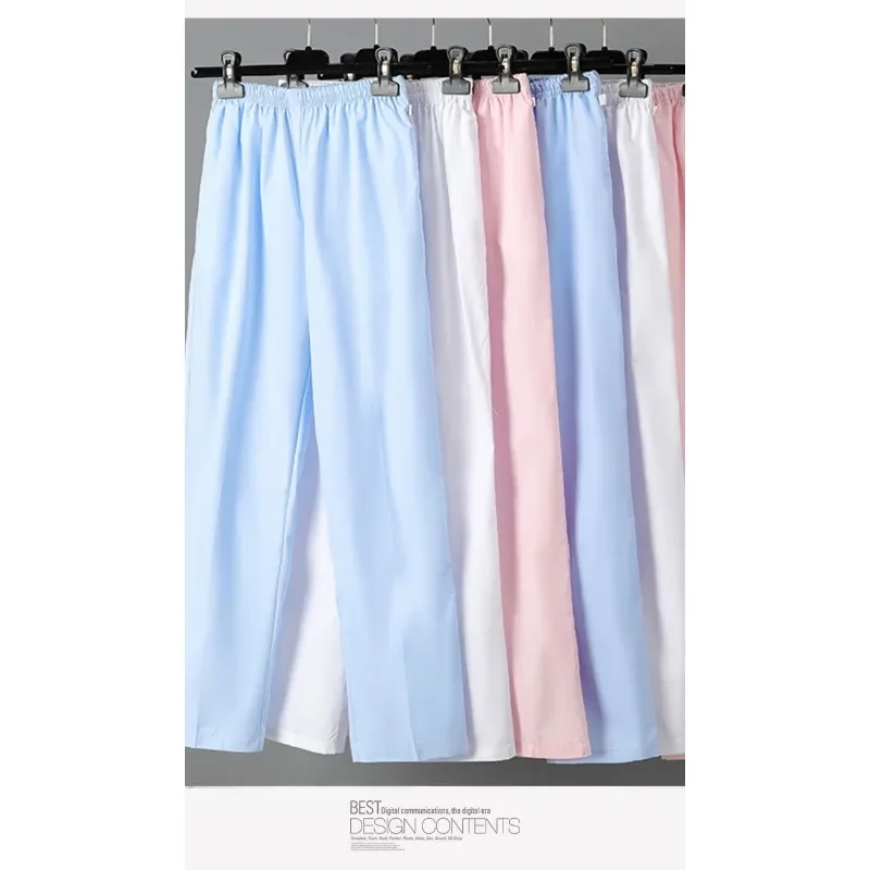 Uniformes de enfermería para mujeres y hombres, conjunto de Top y pantalón, tela fina de popelina blanca y azul marino, ropa de trabajo pequeña y alta