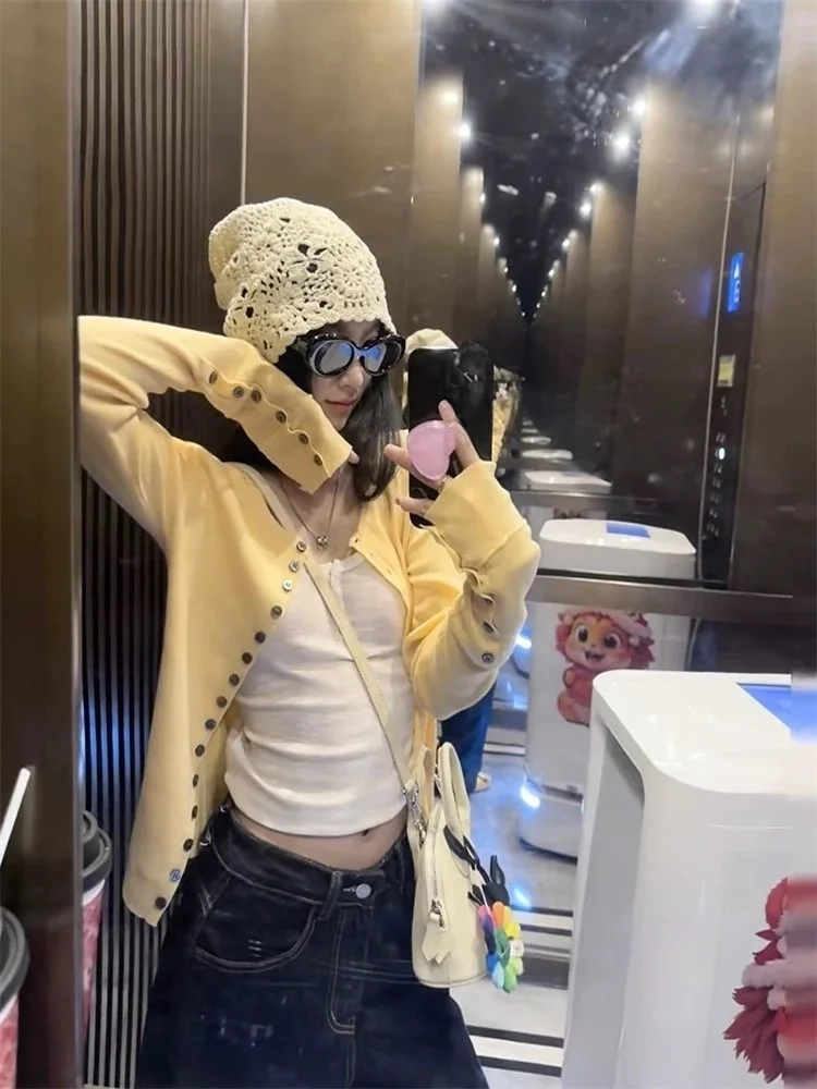 

Women's Knitted Open Cardigan Soft Korean Sle Long Sve Casual Base Layer Top Yellow Milk Color Autumn Faion 2025
