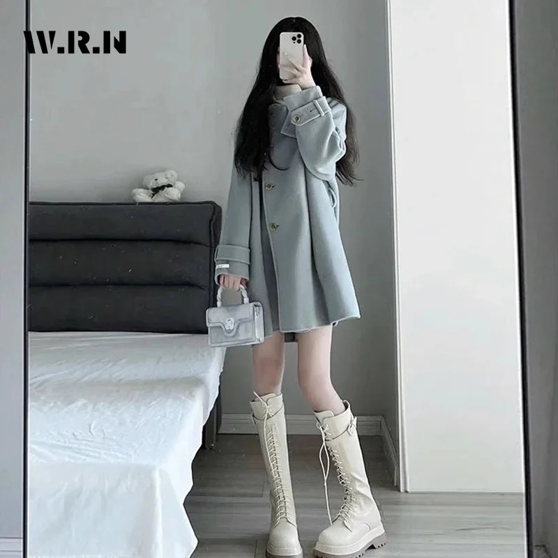 2024 Winter Chic Oversized Simple Style Wool Jacket Women's Sweet Outerwear Loose Solid Blends Turn Down Collar Warm Coat