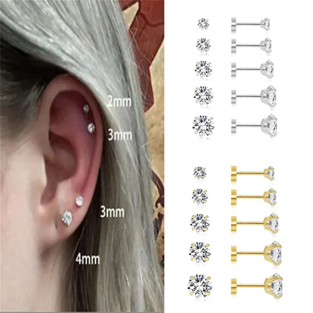 3/5/6/10 Uds. Pendientes de cartílago con parte posterior plana de acero inoxidable hipoalergénico Zirconia cúbica Daith Tragus Rook pendiente con tornillo trasero