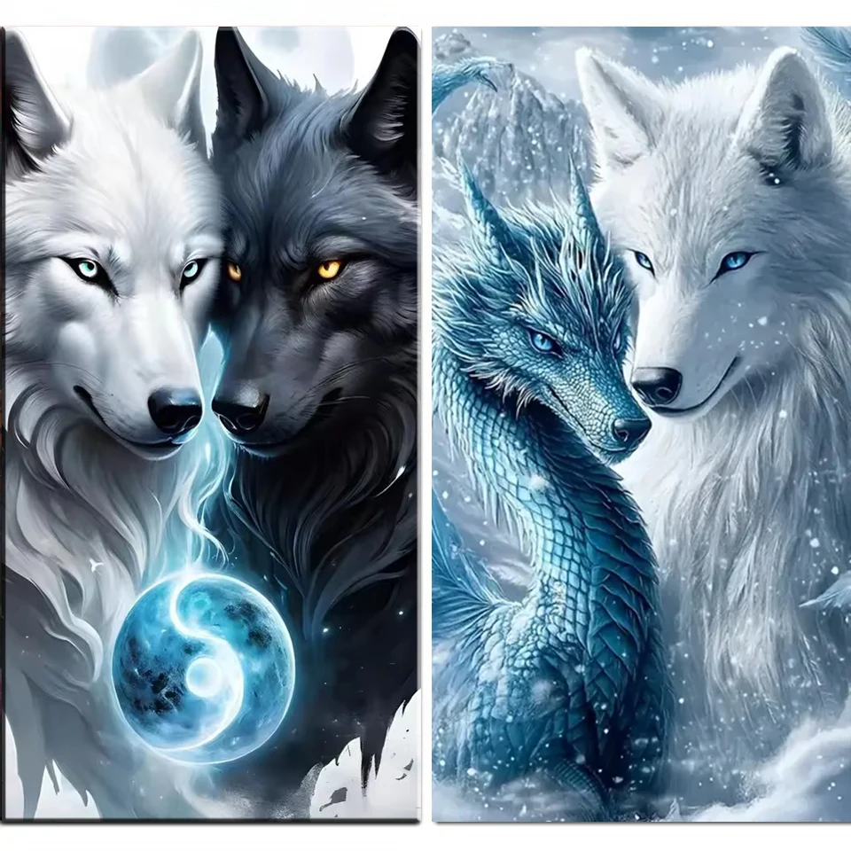 

Black White Wolf Dragon 5D Diy Diamond Mosaic Art Full Square Round Jewelry Cross Stitch Diamond Painting Animal Home Decor