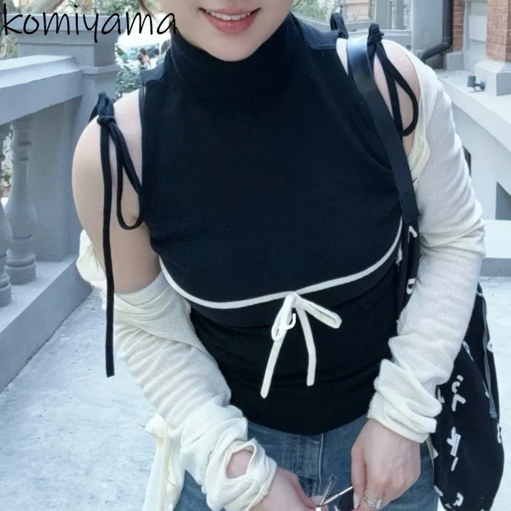 

Японский хит цвета вязки Ropa De Mujer 2025 Новая одежда с высоким воротником без рукавов Женская одежда на шнуровке с бантом Майки Топ Летние топы