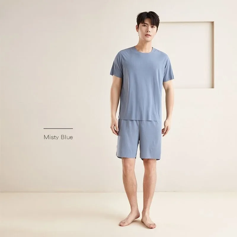 New Style Thin Fallow Solid Color At Home Male Set Round Neck Refreshing Comfort Ventilate Ice Silk Home Dress in The Summer