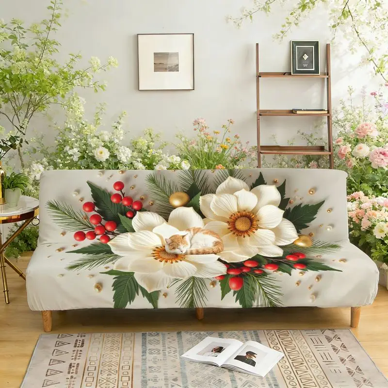 

Чехол для дивана-кровати из эластичной ткани с принтом: белые цветы, зеленые ветви и красные ягоды.