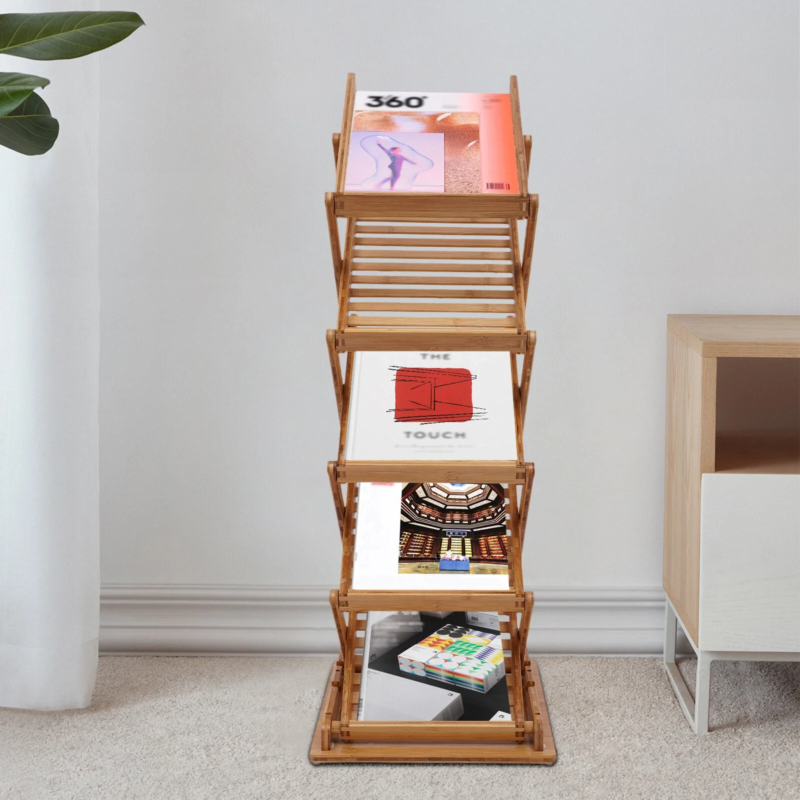 Bamboo Magazine Rack, 5-Tier Foldable Storage Organizer, Adjustable Height 2 Level, Heavy Duty 11lbs Per Shelf, Space Saving for Living Room Office