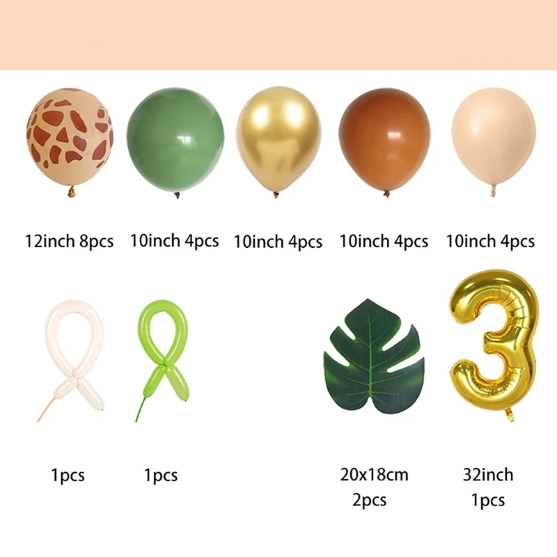29pcs Jungle Safari Animal Girraffe Number Balloons Set Kids 1 2 3 Year Birthday Party Decorations Wild One Avocado Green Globos