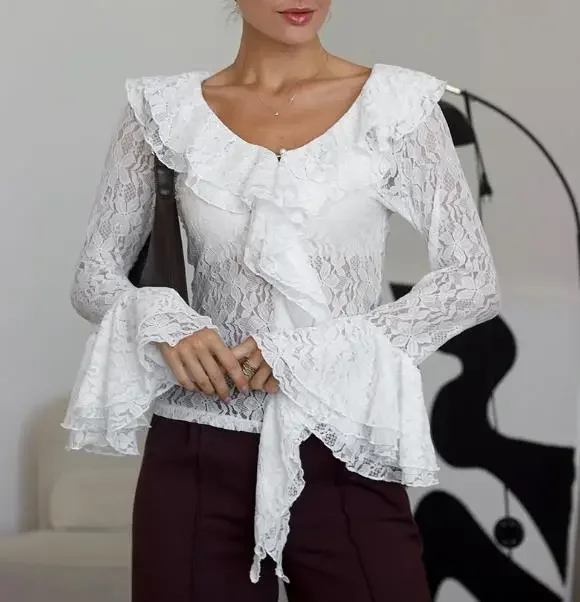 

Female Fashion Sexy Slimming Tops Spring New Luxury Top Lace Knitted Perspective Hollow Out Long Sleeve T-Shirt for Women