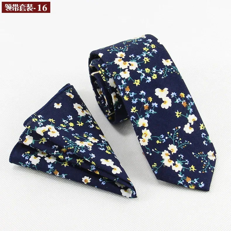 Korean casual cotton floral print tie 6cm casual tie pocket towel set men's narrow small tie in stock