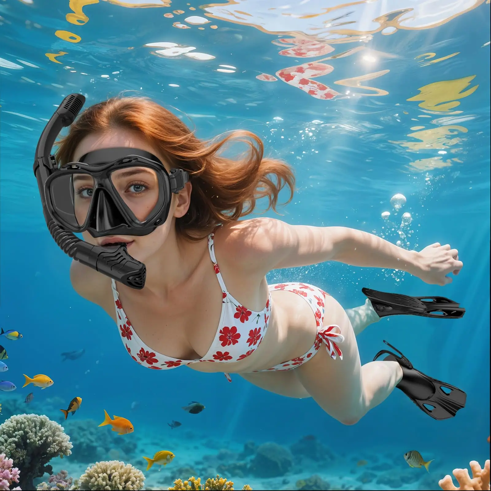 Maskenflossen, Schnorchelset, 4-in-1, Panoramablick, Trockenoberteil, verstellbar, kurze Tauchflossen, Reisetasche, Tauchausrüstung, Tauchen, Schwimmen, Erwachsene – Detail 9