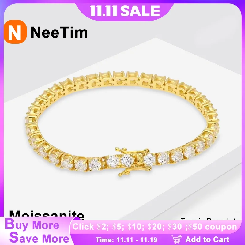 

NeeTim 3 мм 4 мм Теннисный браслет из муассанита, стерлинговое серебро 925 пробы с покрытием из белого золота, браслеты с бриллиантами для женщин и мужчин