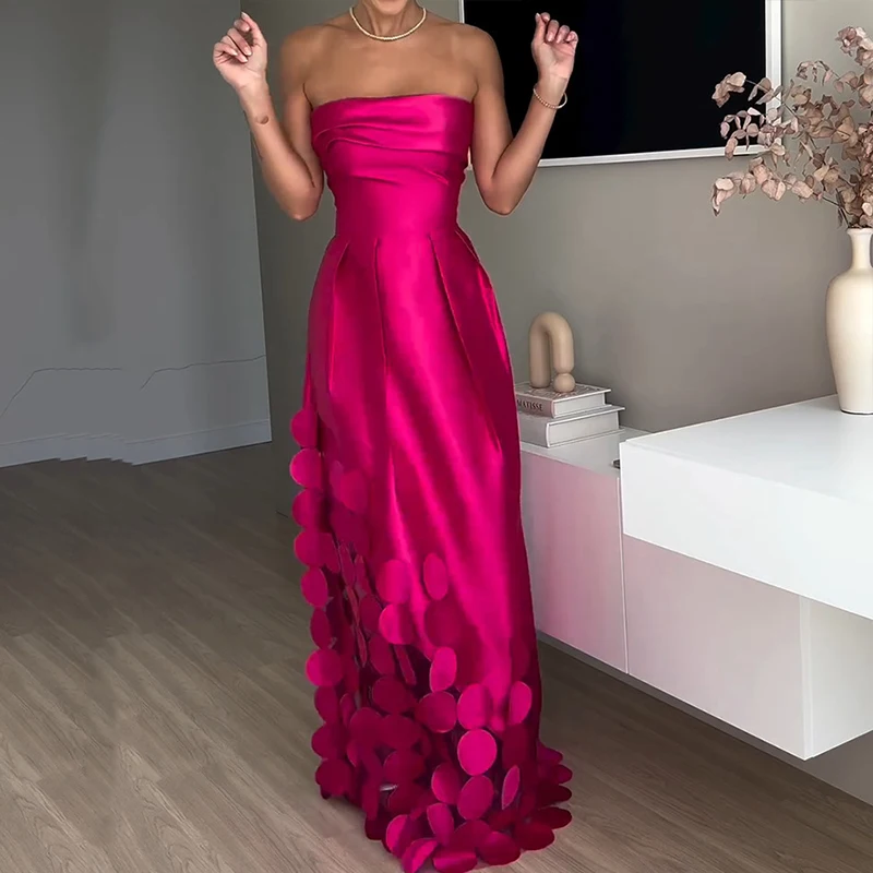 Elegant Pleated Bridesmaid Dress Fashion Strapless High Waist Banquet Dress New Women\'s Sexy Off Shoulder Slim Satin Long Dress