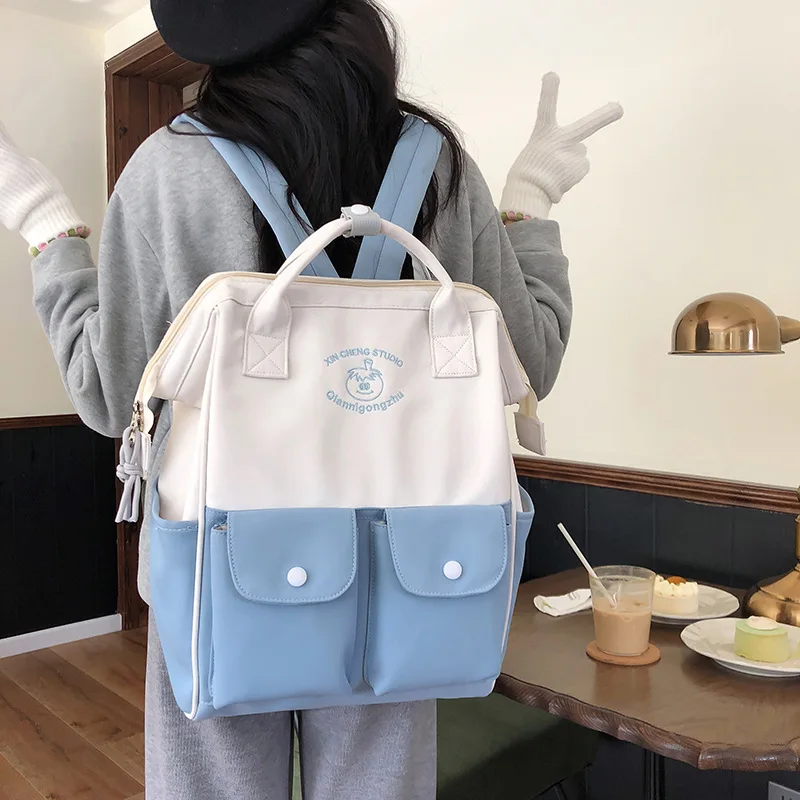 

2025 Japanese Ins School Style Cute Backpack Color Block Two Pocket Bookbag Kawaii Student Rucksack Lightweight Kids Shoulder
