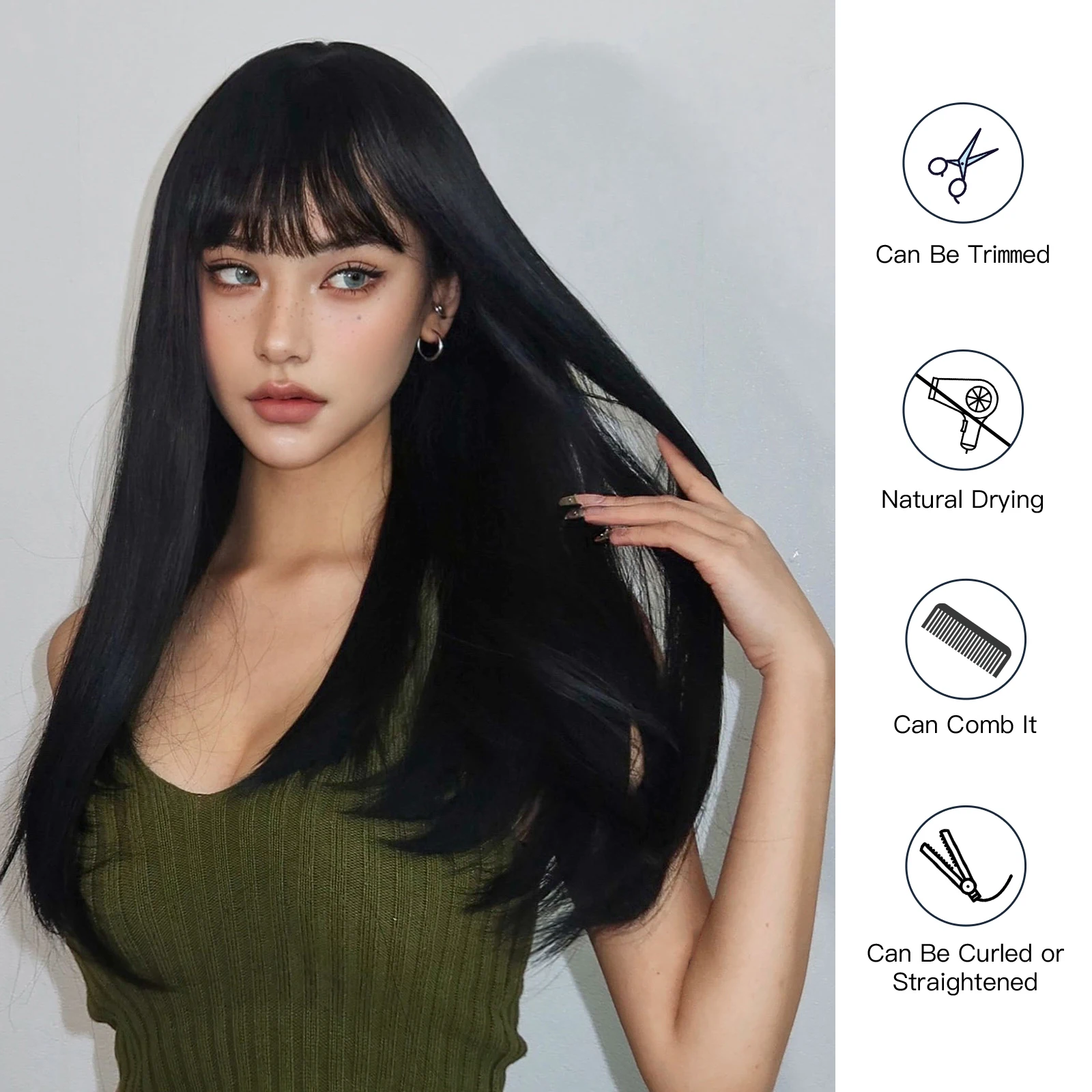 Black Long Straight Synthetic Wig with Fluffy Bangs for Women Cosplay Party Daily Use Wigs Natural Fake Hair Heat Resistant