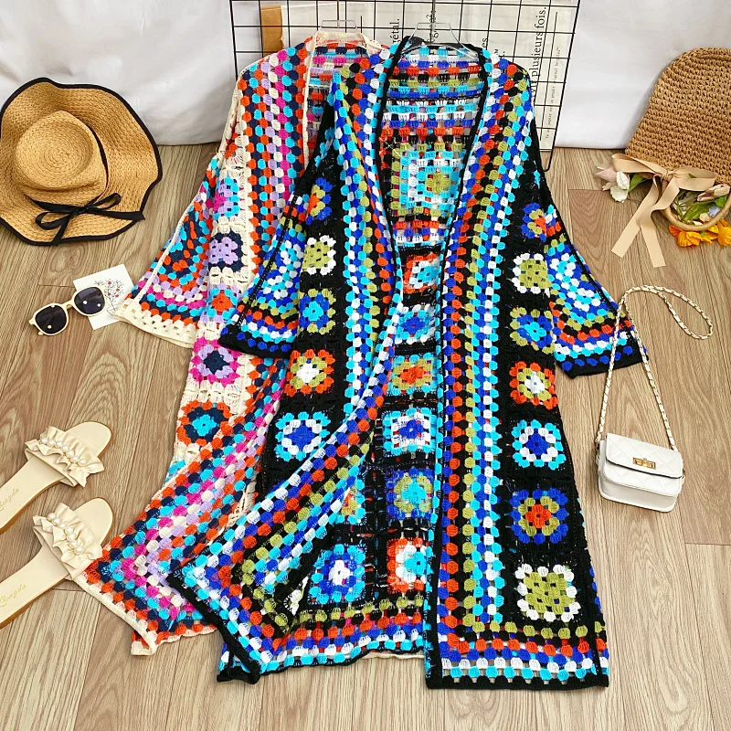 

V-Ne Knitted Cardigan Women's Regular Fit Medium Length Long Sve Color with Contrast Pattern Embroidery Autumn Out...