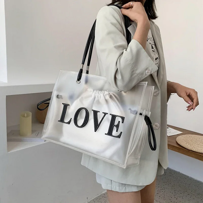 

PVC Transparent Fashion Shoulder Bag Letters Love Large Capacity Ladies Summer Jelly Handbag Clear New Crossbody Bag 2024