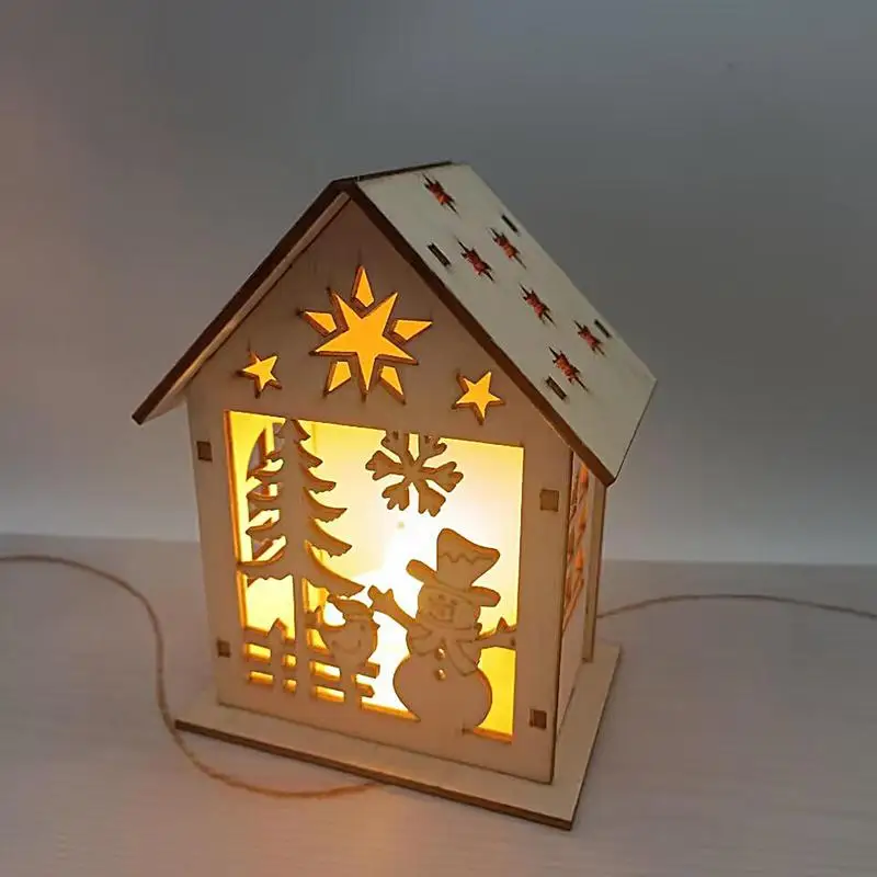 New Christmas Wooden House LED Glowing Reindeer Village House Built-in Light Hollow Carved Santa Claus And Snowmen Decor Home