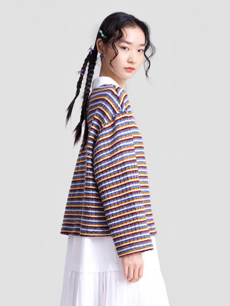 

Футболка MOVEUP в цветную полоску, новинка весны 2026, укороченная вязаная футболка с круглым вырезом, с вышитой нашивкой в виде кошки, топ с длинными рукавами для женщин 3ELC10577