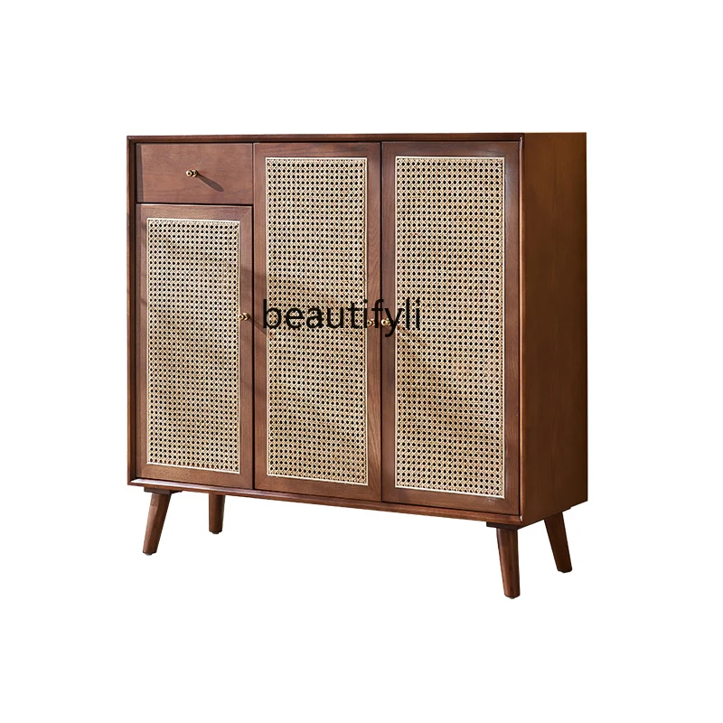 

Rattan Simple Modern Walnut Color Living Room Home Wall Storage Hall Retro Solid Wood Porch Shoe Cabinet B & B