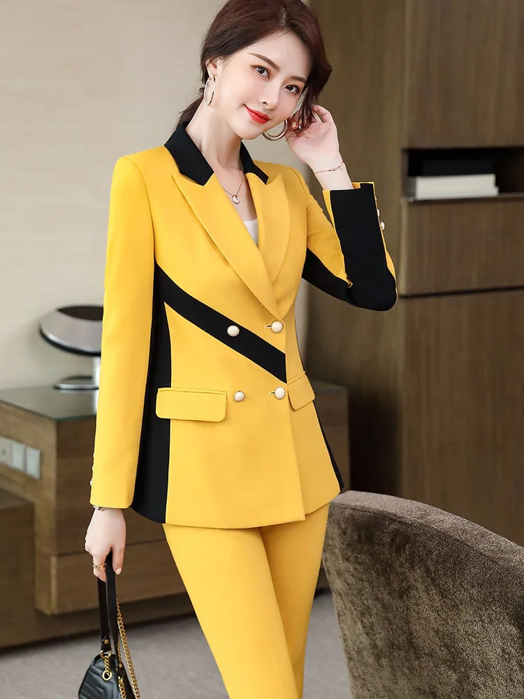 Yellow Contrast Color Women Suits Office Sets New Slim Long Sleeve Double Breasted Blazers Chic Casual Pants Suits