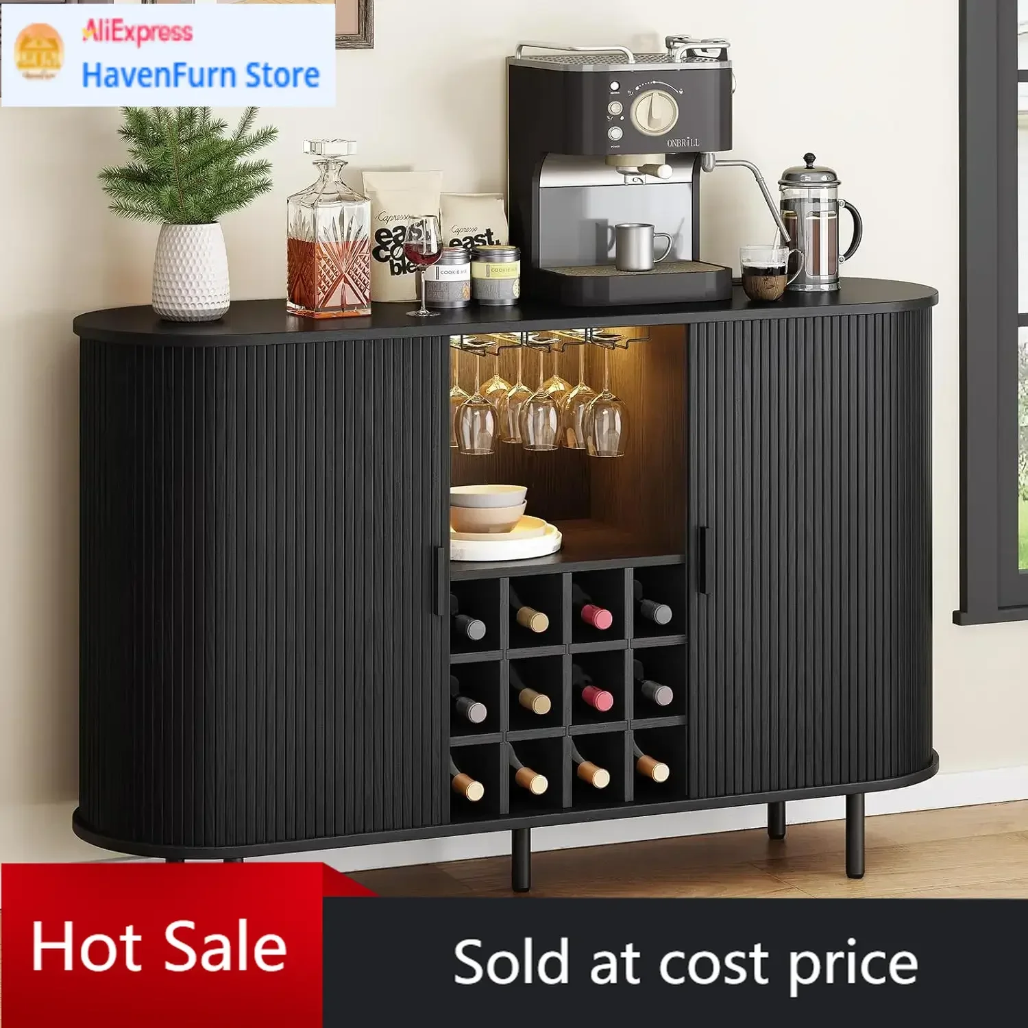 Precio de oferta: Precio por tiempo limitado: Mueble bar para vinos de 55 pulgadas con luz LED, estación moderna para licor, whisky y café con botellero