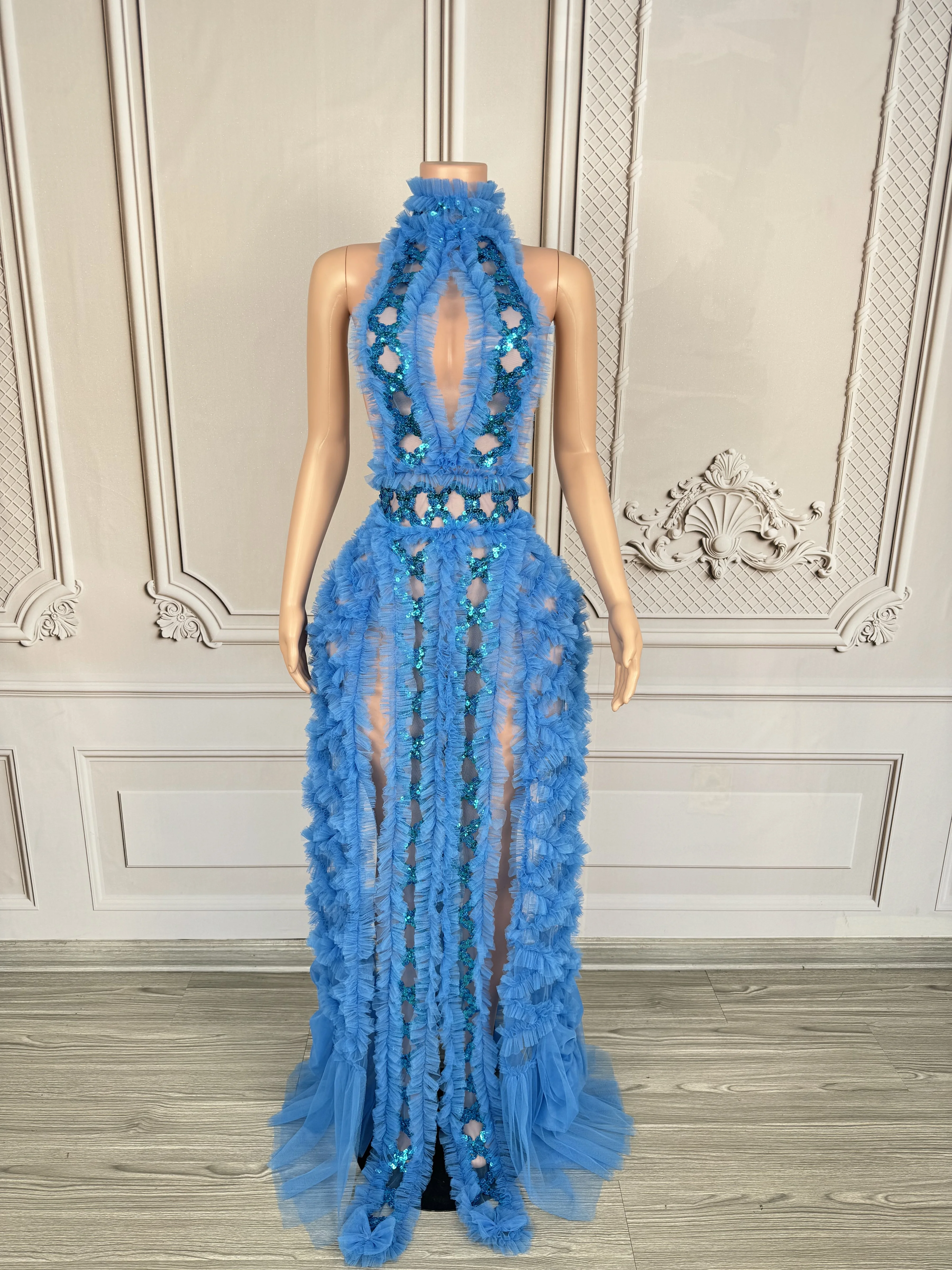 Sexy Blue Mesh Hollowed-Out Sequins Party Birthday Dress Prom Photo Shoot Wear Women High Slit Performance Costume Show Wear