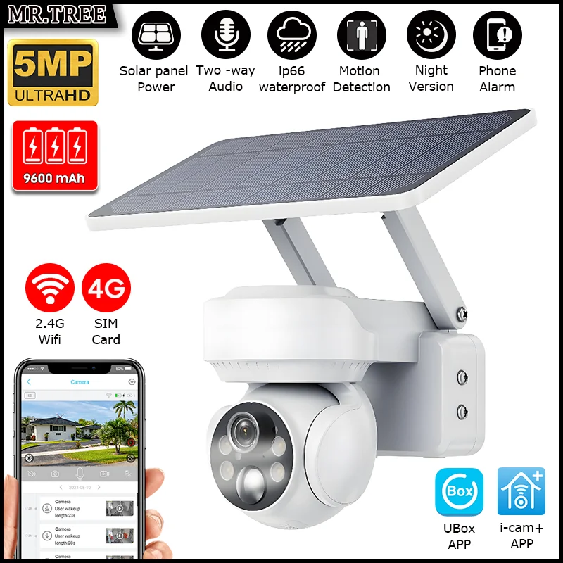 

5 МП Уличная IP-камера видеонаблюдения на солнечной батарее с Wi-Fi, поддержкой 4G SIM, обнаружением движения, PTZ-поворотом и двусторонней аудиосвязью