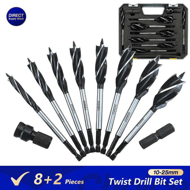 8Pcs 10-25mm Woodworking Twist Drill Bit Set With Plastic Box 6.35mm Hex Handle Hole Saw for Softwood Hardwood Plastic Rubber